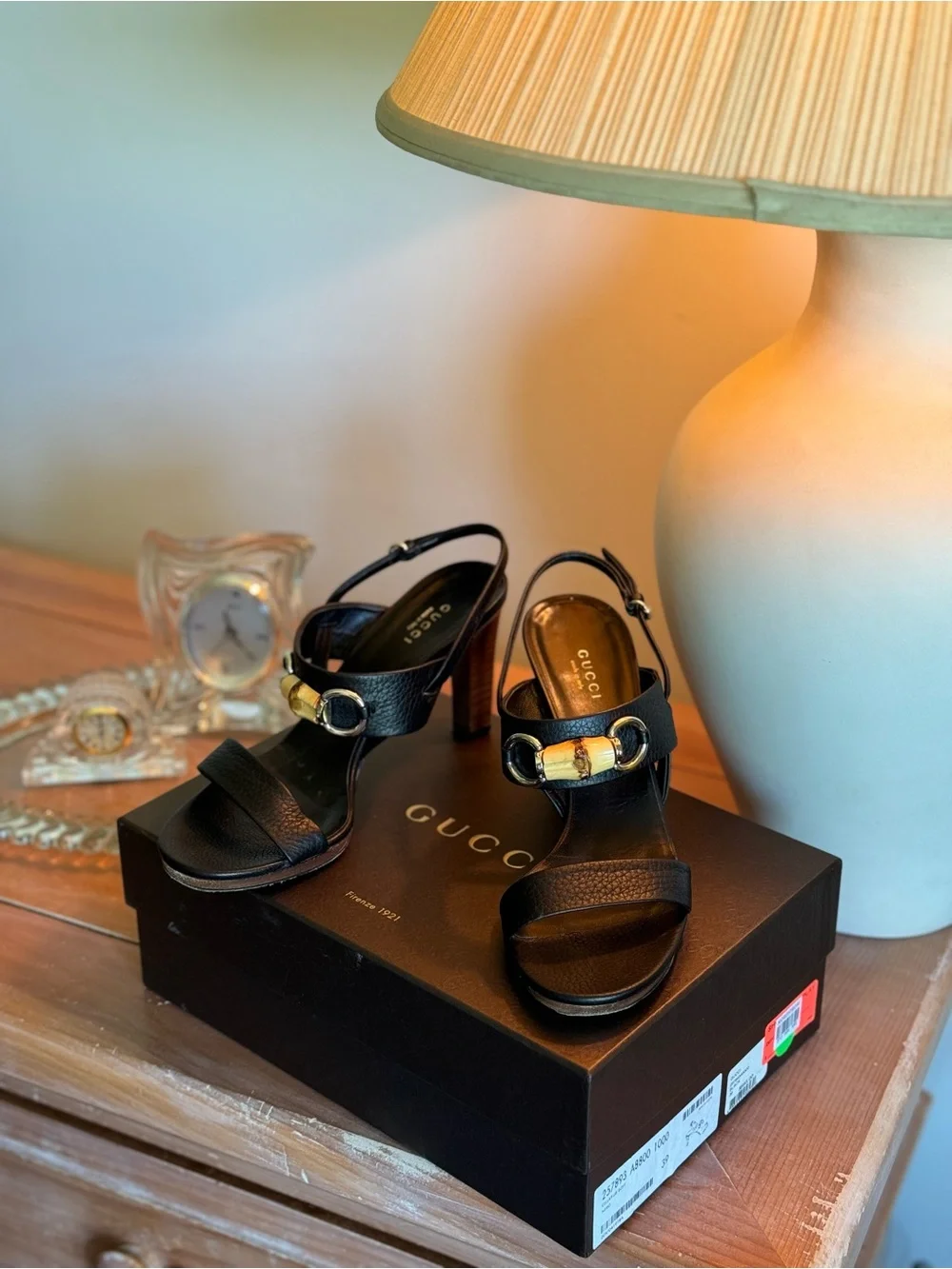 Gucci Black Leather Slingback Sandals with Gold Bamboo Accent